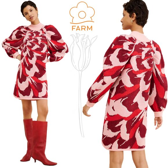 Farm Rio Flower Wool Knit Mini Christmas Holiday Sweater Dress NWOT - Picture 1 of 13
